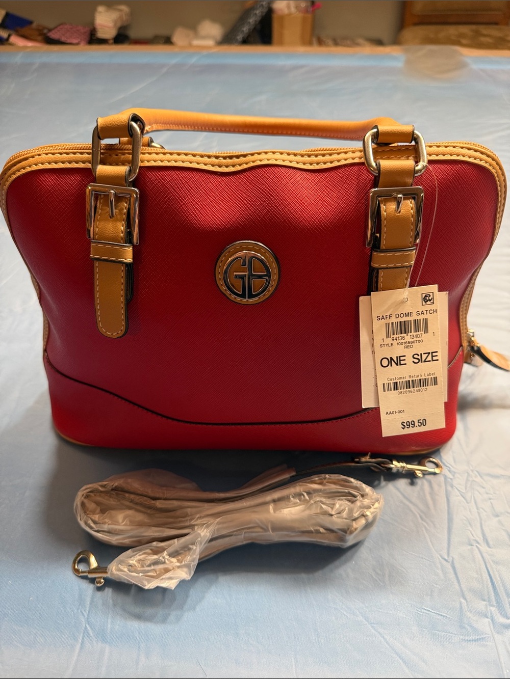 Giani Bernini Red and Tan Structured Satchel with crossbody strap